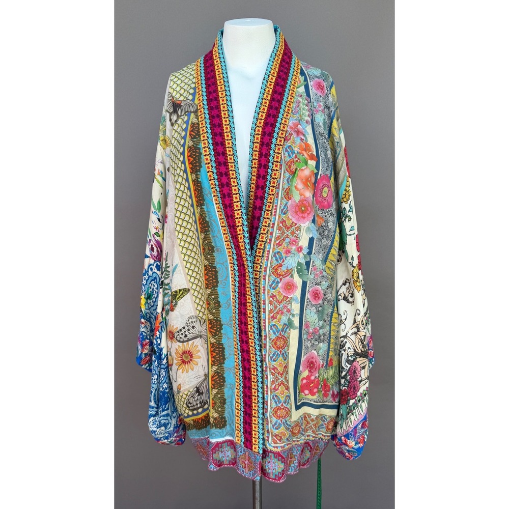 Silk Reversible Kimono Robe OS Multi Floral Paisley Butterfly Boho Festival Wrap - Picture 5 of 16